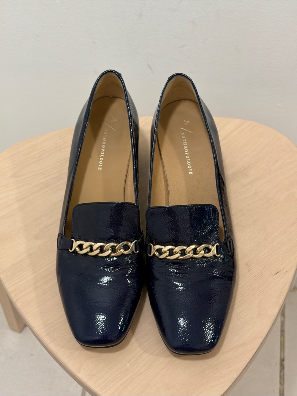 Anthropologie Navy Patent Chunky Heel Loafers with Gold Chain